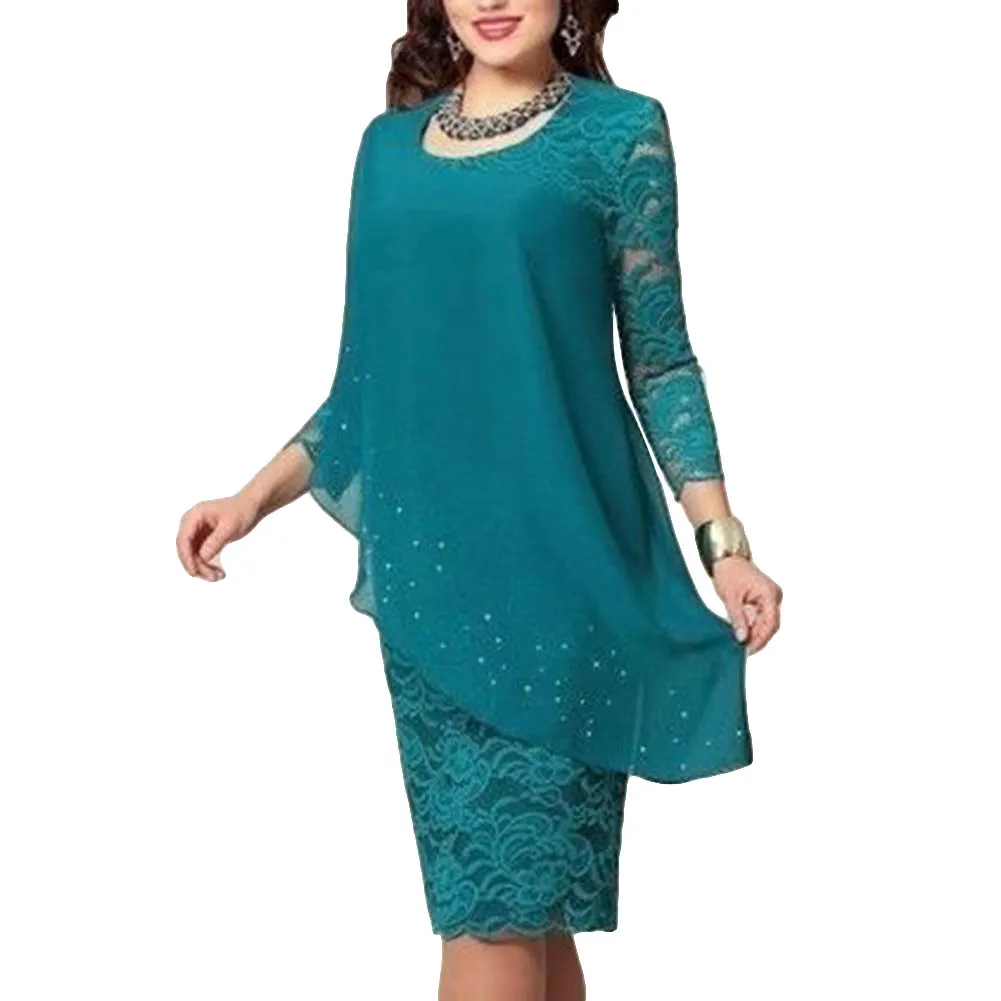 Модное женское двухслойное платье средней длины с круглым вырезом и рукавом 3/4 |