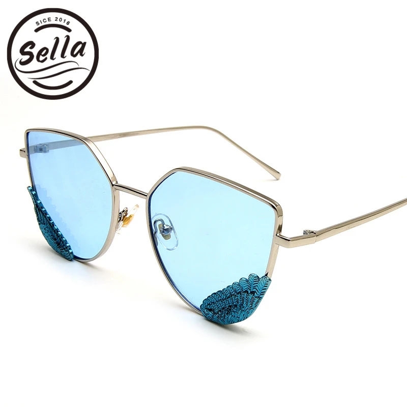 Селла Мода 2017 Крыло ангела Солнцезащитные очки для женщин Перо украшения цепи