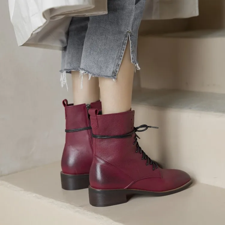 MLJUESE 2020 women ankle boots cow leather lace up round toe winter wine red color vintage low heels size 40 | Обувь