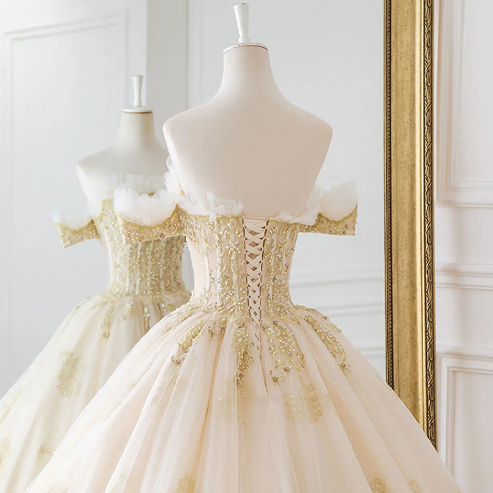 Robe De Mariee Princesse Luxe Off The Shoulder Short Sleeve Beaded Sequins Appliques Luxury Princess Ball Gown Wedding Dress | Свадьбы и