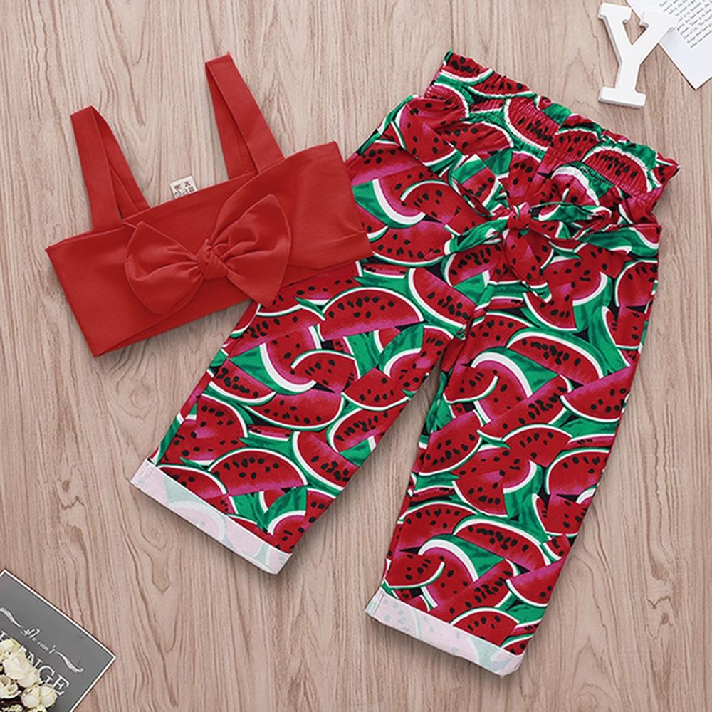 Комплект из 2 предметов красный укороченный топ с принтом арбуза штаны бантиком и
