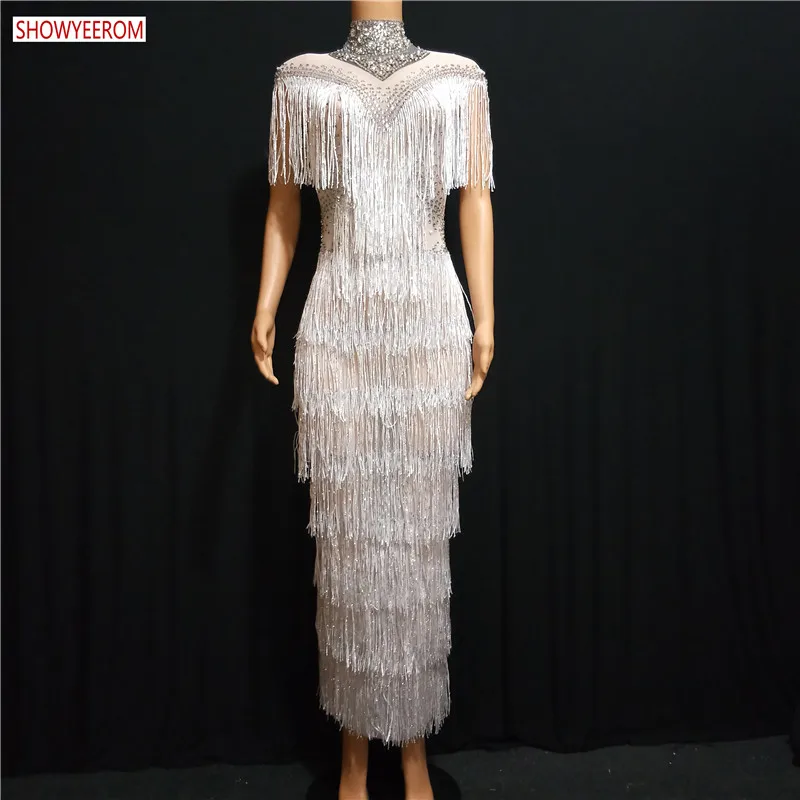 Блестящее платье с кристаллами и кисточками сексуальное для ночного клуба со