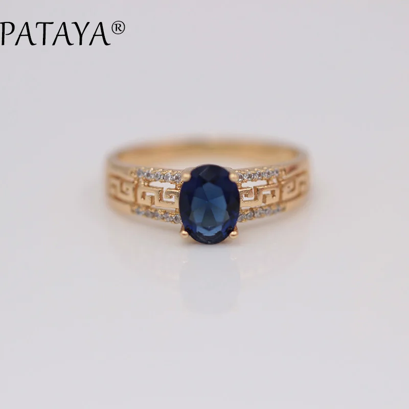 PATAYA, Новое поступление 585, розовое золото, полое кольцо, овальное, темно-синее, натуральный циркон, кольца для женщин, для свадьбы, вечеринки, изысканное ювелирное изделие с резным узором