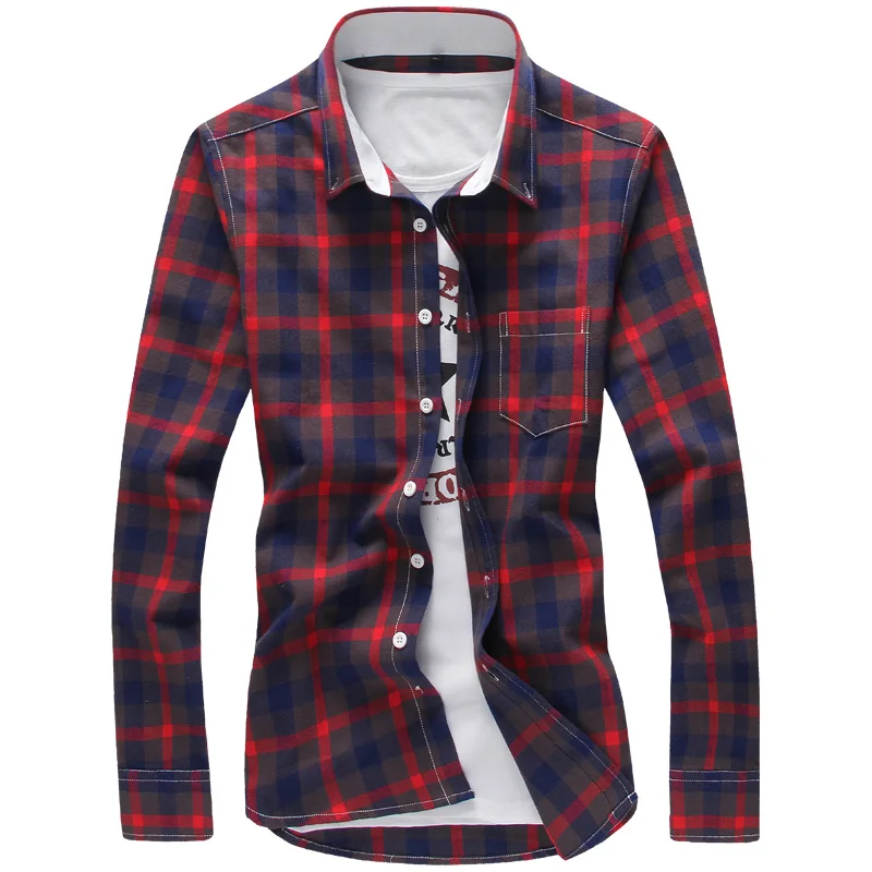 Red 5XL клетчатые мужские рубашки, клетчатая рубашка, бренд, новая мода, на пуговицах, с длинным рукавом, повседневные рубашки размера плюс - Цвет: Red