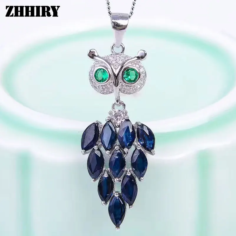 

ZHHIRY Natural Sapphire Gemstone Necklace Pendant Genuine Solid 925 Sterling Silver Pendants Real Fine Jewelry Owl Bird Shape