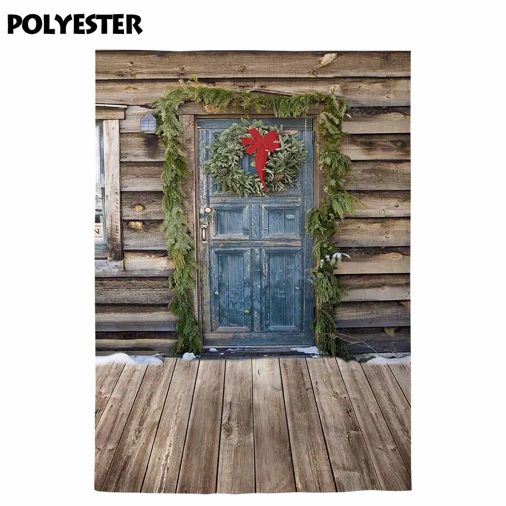 Allenjoy Christmas backdrop photography wreath door cabin winter countryside rural decoration for home photo studio background |