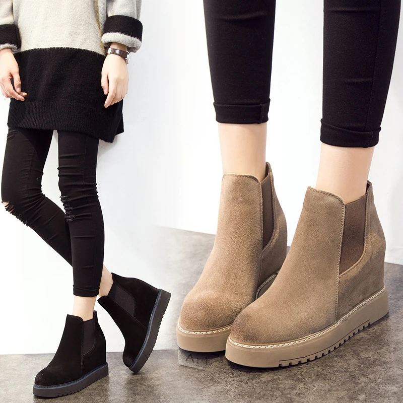

women boots 2018 new autumn & winter snow boots genuine leather wedge thick bottom increased ankle boots winter shoes