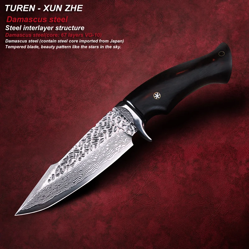 TUREN-Xun Zhe 60 HRC ручной работы дамасский охотничий прямой нож из розового