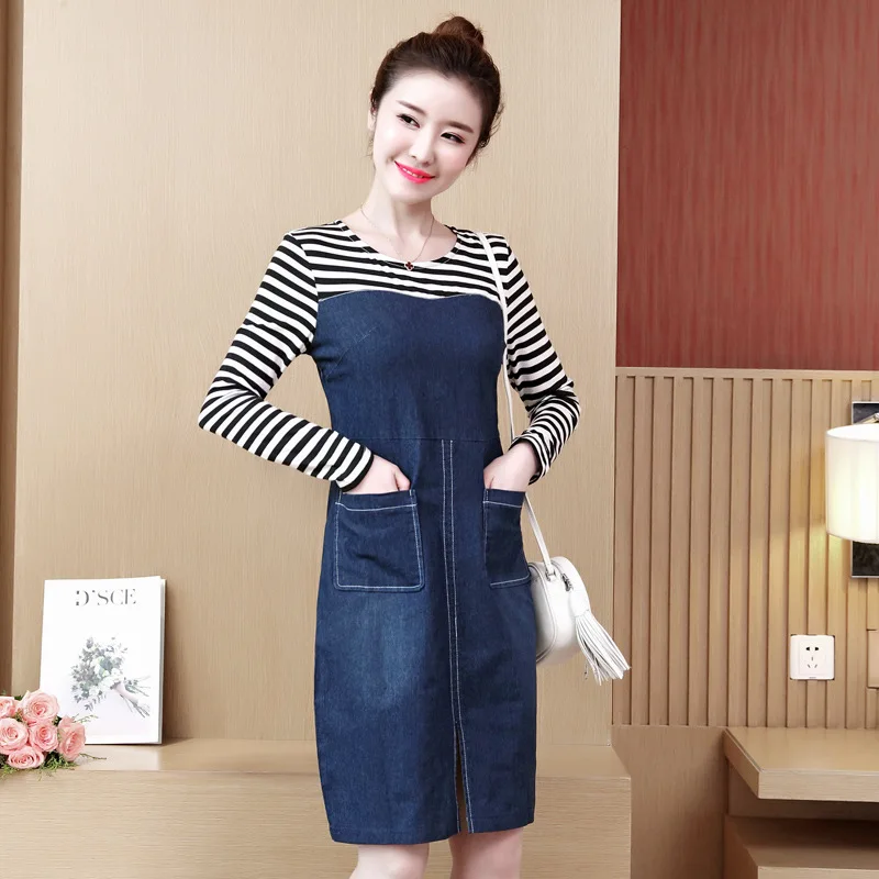 

New Autumn Style Women Dresses Plus Size Fashion Slim Striped Long Sleeve Patchwork Jeans Dress For Women Larger Denim One-Piece