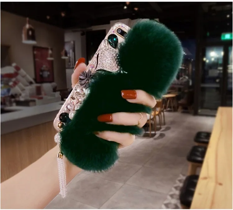 Luxury Bling Rhinestone Fluffy Warm Rabbit Fur Hair Phone Case For Xiaomi Redmi8 9 8A 9A 9C 10X Pro Note 8T 9T 8 10 4G 5G | Мобильные
