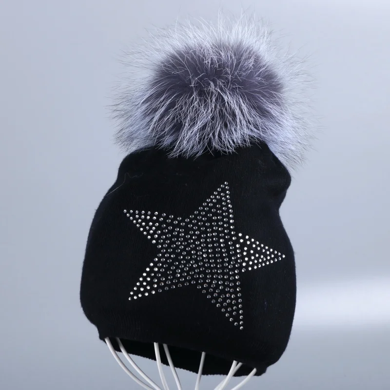 Fox Pom black hat Новая женская шерстяная зимняя шапка с настоящим помпоном, кашемировые шапочки, блестящая кристаллическая звезда, мягкая термальная натуральная норка, лиса, звезда, шапочки - Цвет: Fox Pom black hat