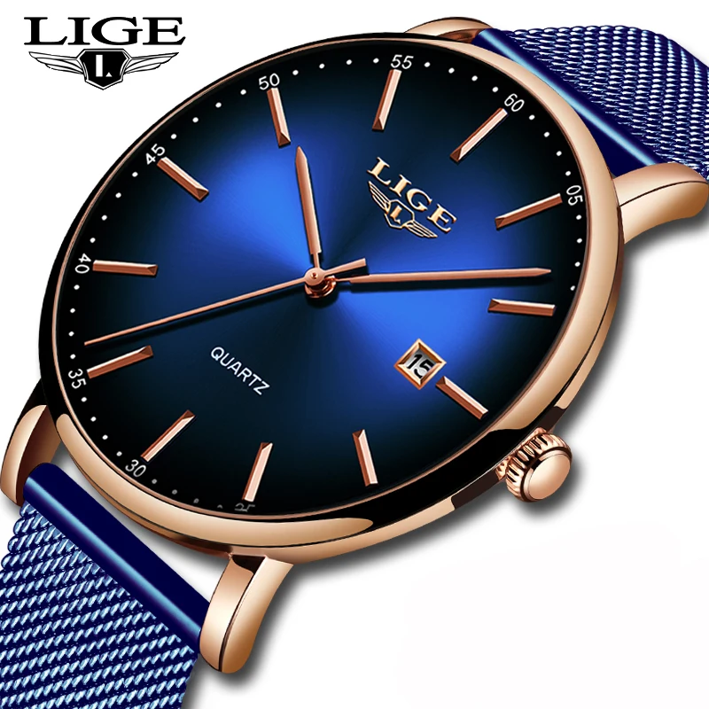 Лидирующий бренд Роскошные мужские часы LIGE повседневные модные сетчатые