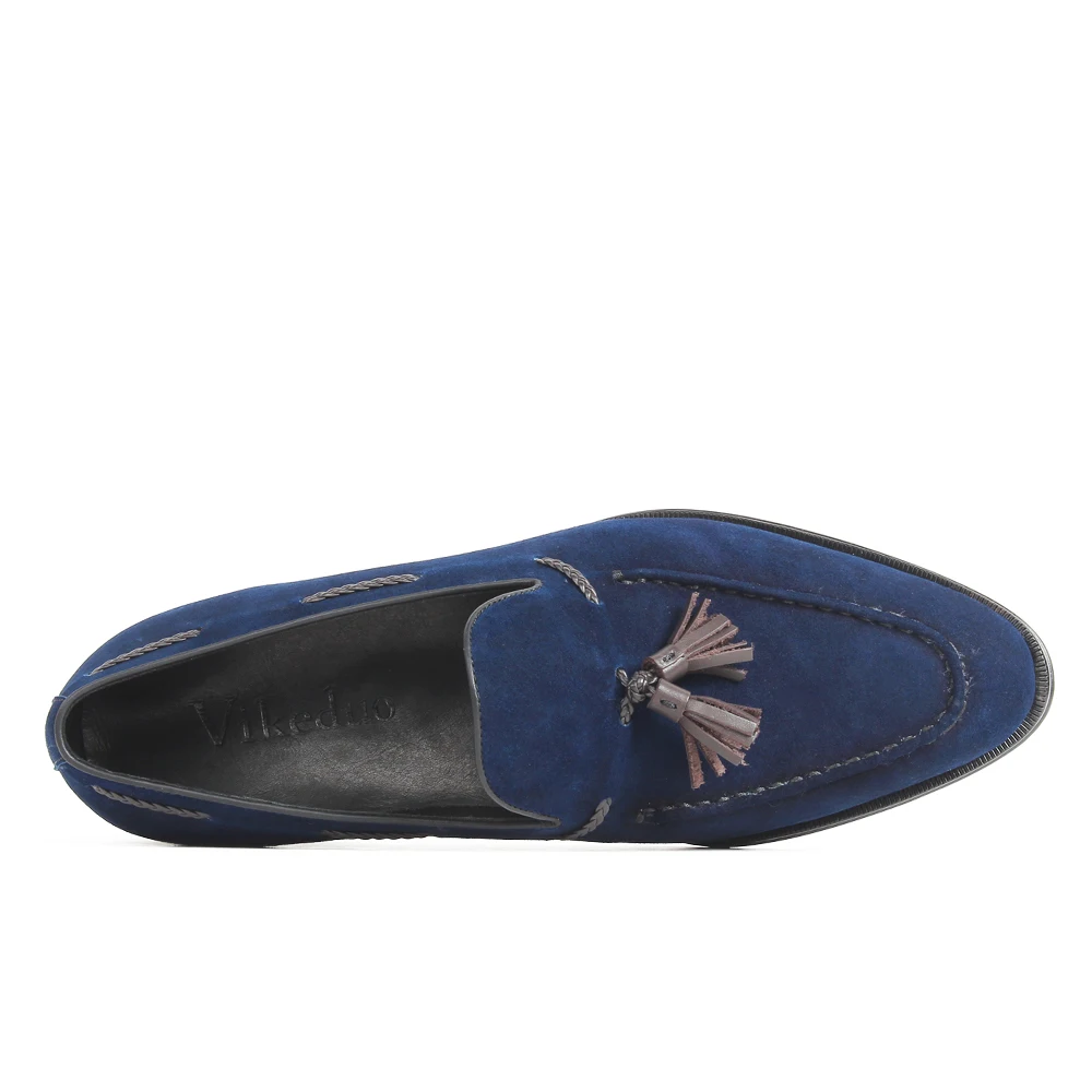 

VIKEDUO 2020 Casual Loafer Shoes Kid Suede Blue Tassel Handmade Shoes Slip-On Flat Men's Footwear Patina Bespoke Zapatos Hombre