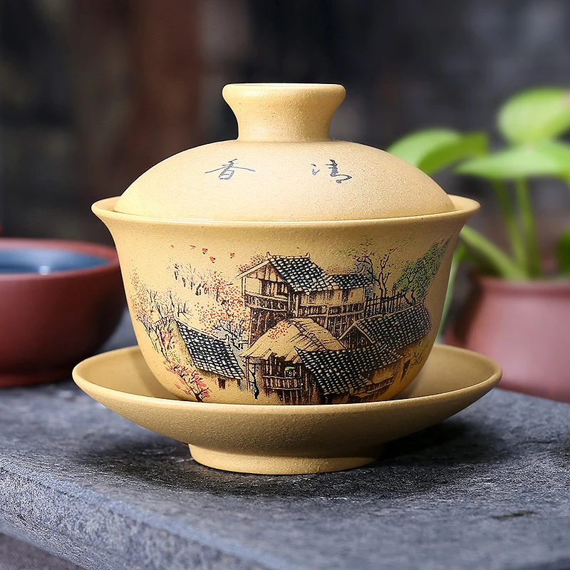 150 мл Authentic фиолетовая глина yixing Gaiwan пион/Пейзаж узор пиалы для чая ручной работы натуральный НЕОБРАБОТАННАЯ руда Сегмент грязи посуда