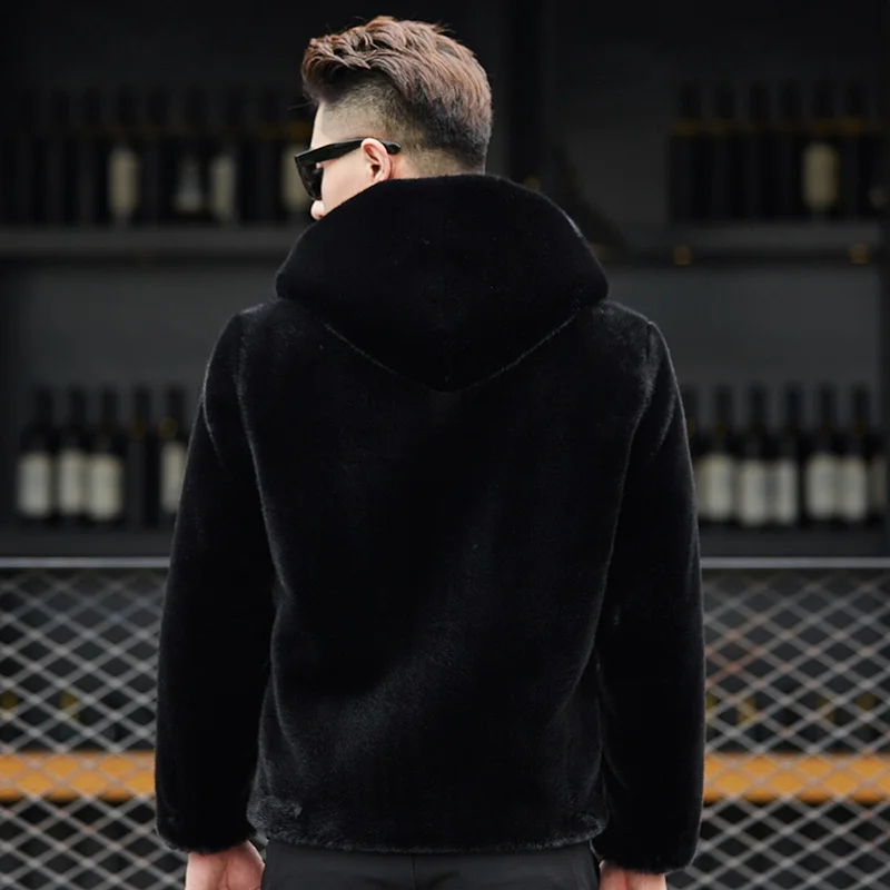 

Q6 New Fashion Autumn and Winter Clothing 10% Mink Cashmere Coat Short-style Hooded Zipper Overcoat Men's Fur Coat