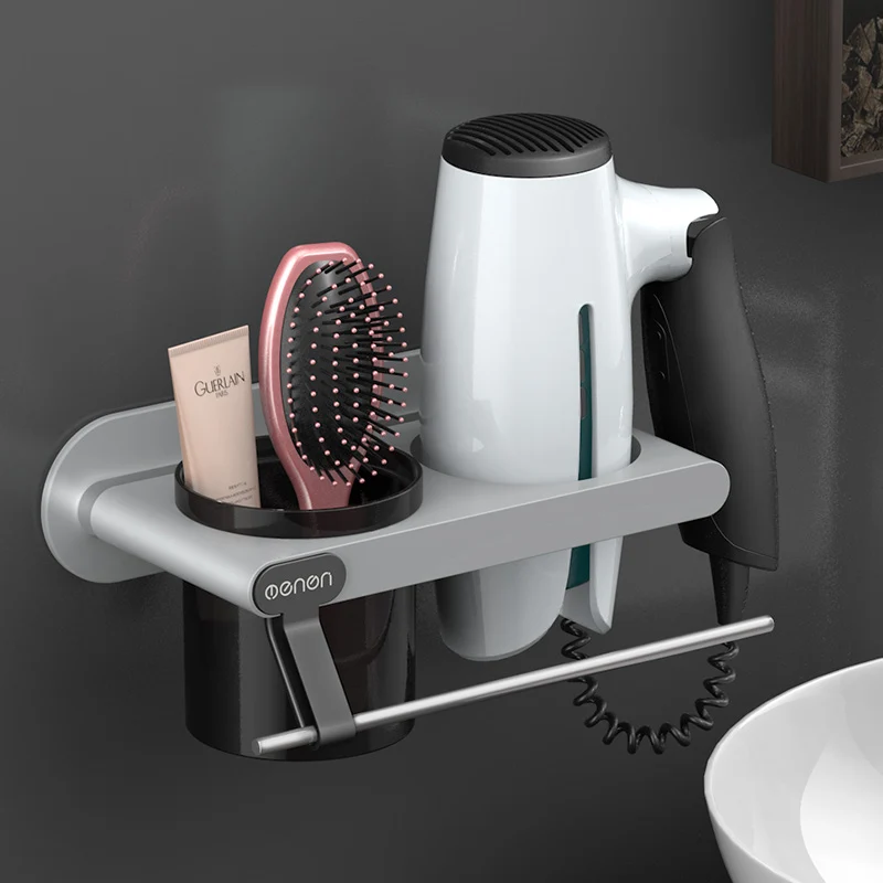 Gray2 UNTIOR Plastic Hair Dryer Holder with Storage Cup Wall Mount Hair Dryer Shelf Storage Nail Free Bedroom Bathroom Accessories Set - Color: Gray2