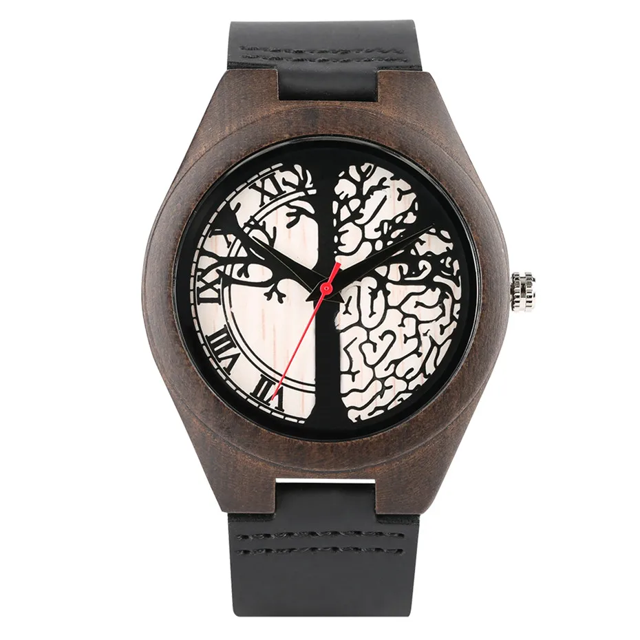 

Life Tree Display Wood Watches Quartz Timepiece Men Ebony Wooden Watch Female Genuine Leather Wristwatch Women Top Gift 2019
