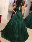 Изумрудно-зеленое бальное платье с V-образным вырезом и блестками, бальное платье с открытой спиной, длинное вечернее платье макси для выпускного вечера, вечернее платье, 2021