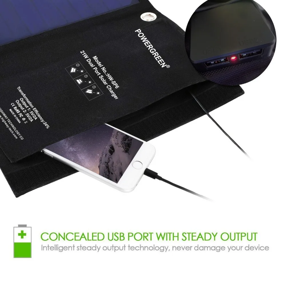 Складное солнечное зарядное устройство PowerGreen 21 Вт 2 портовое Зарядное USB