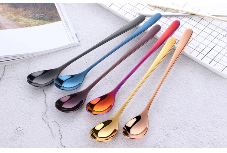 12pcs/lot Stainless Steel Coffee& Tea Spoon With Long Handle Kitchen Colourful Coffee Mixing spoons Ice Cream Dessert Spoons