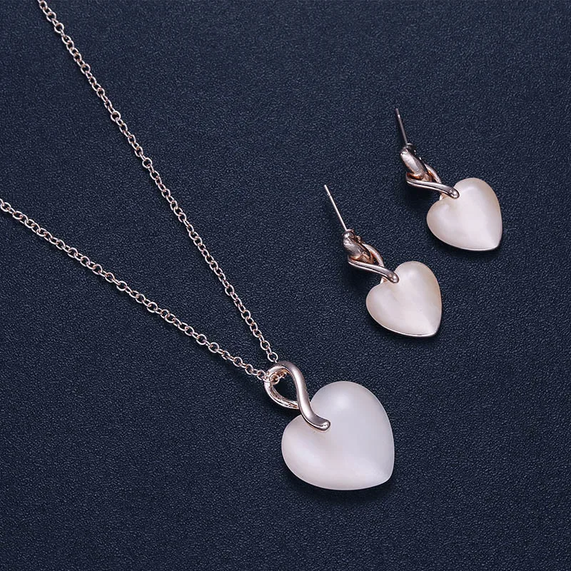 Elegant Rose Color Jewelry Set For Women Trendy Heart Love Pendant Necklace Dangle Drop Earrings Sets Wedding Party Gift | Украшения и