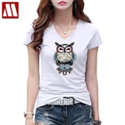 Женская хлопковая футболка с коротким рукавом, универсальная свободная футболка с вышивкой и блестками в виде совы, Новинка лета 2022