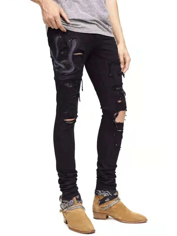 Американский уличный стиль модные мужские джинсы Slim Fit змея вышивка панк рваные джинсы для мужчин брендовая Дизайнерская обувь уличная хип хоп
