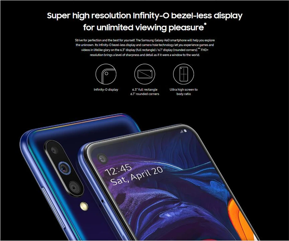 Мобильный телефон samsung Galaxy A60 A6060 Android, две sim-карты, четыре ядра, Snapdragon675, 6,3 дюймов, 6 ГБ ram, 64 ГБ rom, 3 тыловые камеры NFC