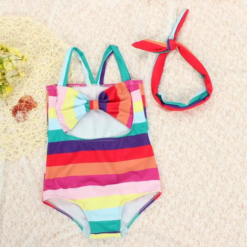 Bikini With Headband New 2019 Upgraded Kids Girls One Pieces Candy Color Striped Sling Bow Swimsuit Swimwear Biquini S91203X | Спорт и