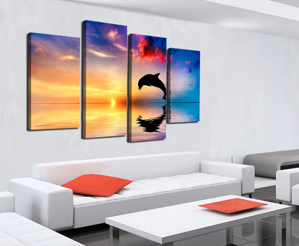 4 панели изображения дельфина серфинга закат высокое разрешение современное