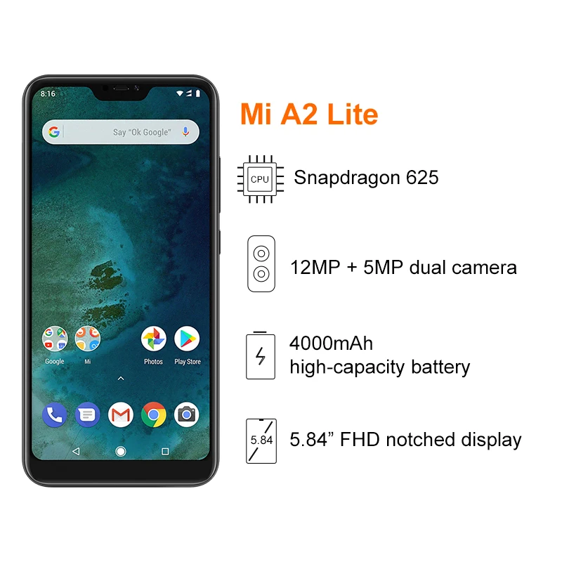 Глобальная версия Xiaomi Mi A2 Lite 4 Гб 64 5 84 &quot19:9 экран 4000 мАч Snapdragon 625 Восьмиядерный 12MP +