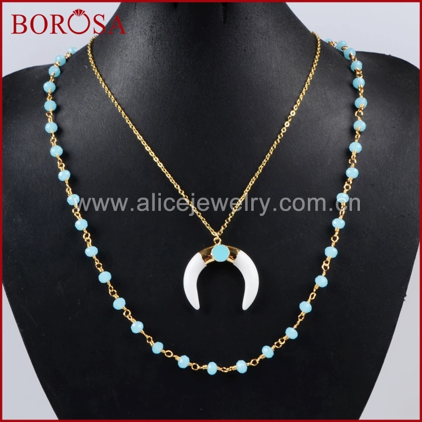 BOROSA Золотой цвет Черный кристаллический друзи Полумесяц Двойной рог Подвеска с природным камнем, выложенным бусинной цепочкой G0955.