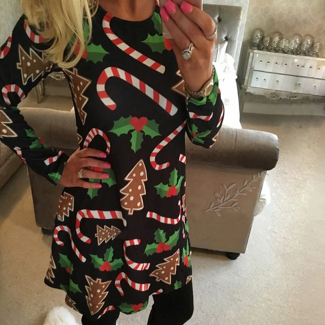 Christmas Cane 5XL, платье с рождественской елкой, Сантой, снеговиком, женские осенние Мини платья с длинным рукавом, повседневные, новогодние, праздничные, семейные, вечерние платья, Vestido - Цвет: Christmas Cane