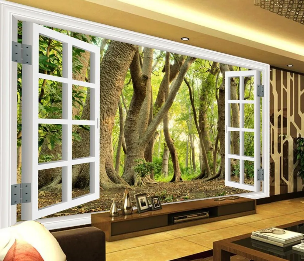 Настенные обои Papel окно лес 3d для комнаты пейзаж обои|3d wallpaper murals|wallpaper mural3d |