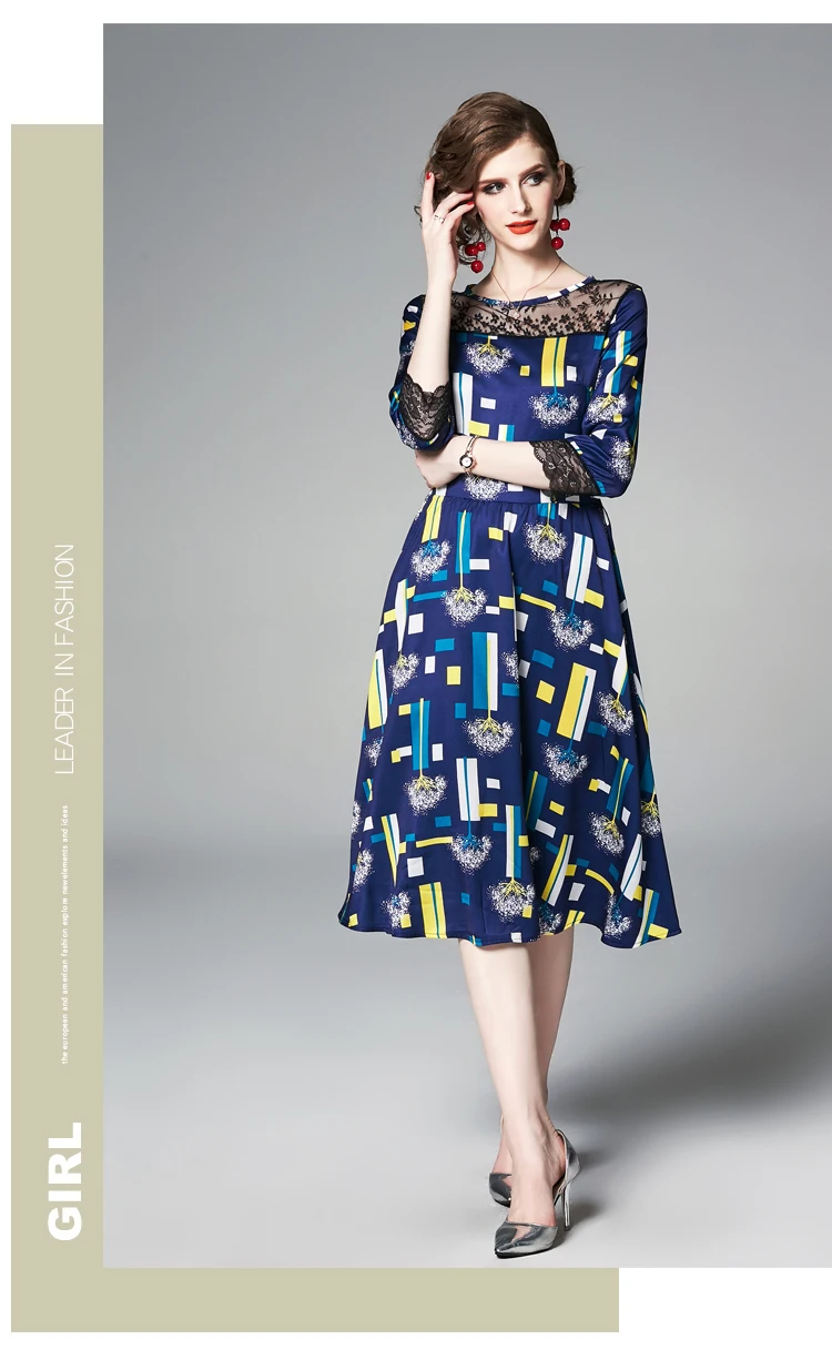 

2020 New Summer Printing Dresses Womens O Neck Patchwork Lace A-Line Work Casual Party Dress Slim Vintage Vestidos