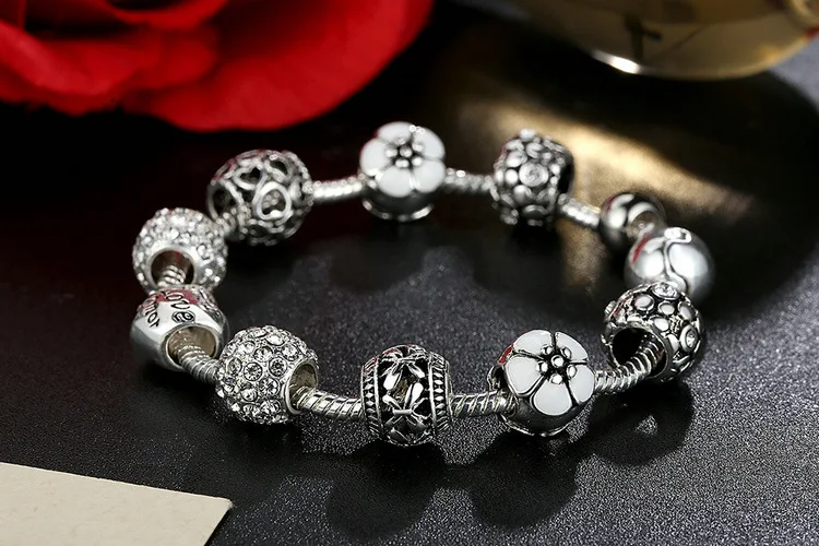 JKJ Silver Plated 925 Crown Beads Key Crystal Love Heart Charm Bracelet Fits For Women DIY Jewelry gifts | Украшения и аксессуары