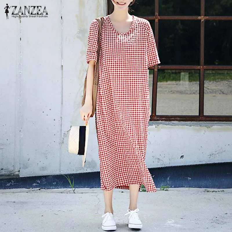 S 5XL ZANZEA Летняя Повседневная клетчатая рубашка Vestido 2020 женское клетчатое платье с