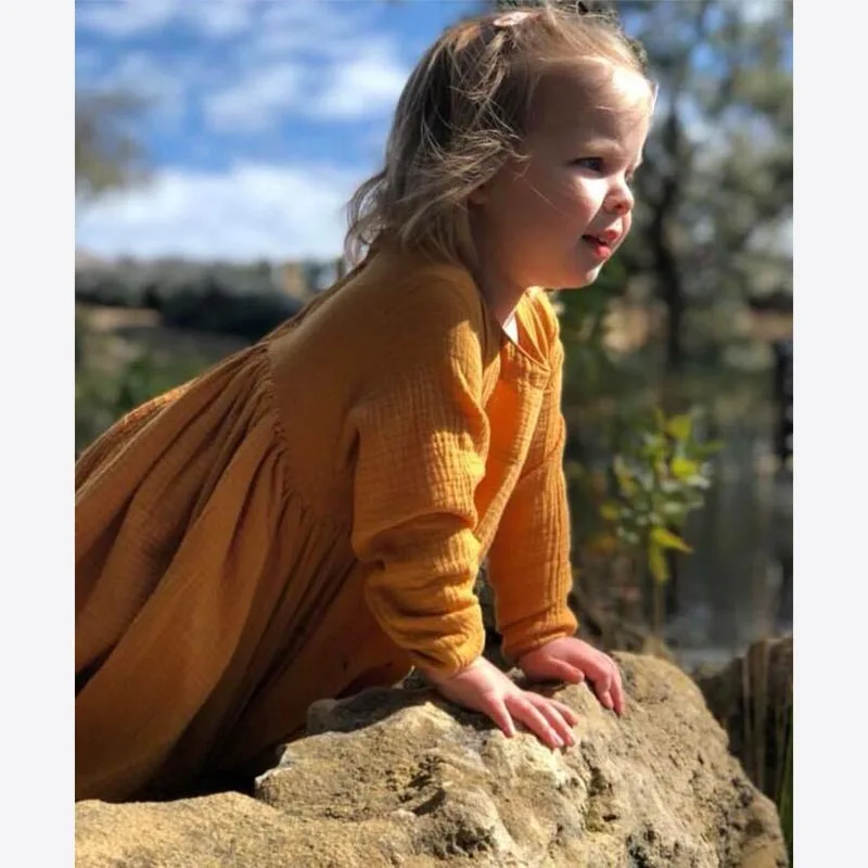 Brand Baby Girl Clothes Autumn 2020 Ins Style European&ampAmerica Solid Girls Dress Toddler Kids Casual Linen Princess | Детская одежда