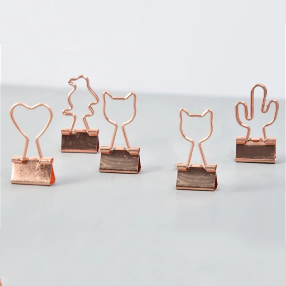 10pcs Cat Rose Gold Color Binder Clips Hollow Out Cactus Penguin Shape Metal Binder Clamps Photo Tickets Note Letter Paper Clips