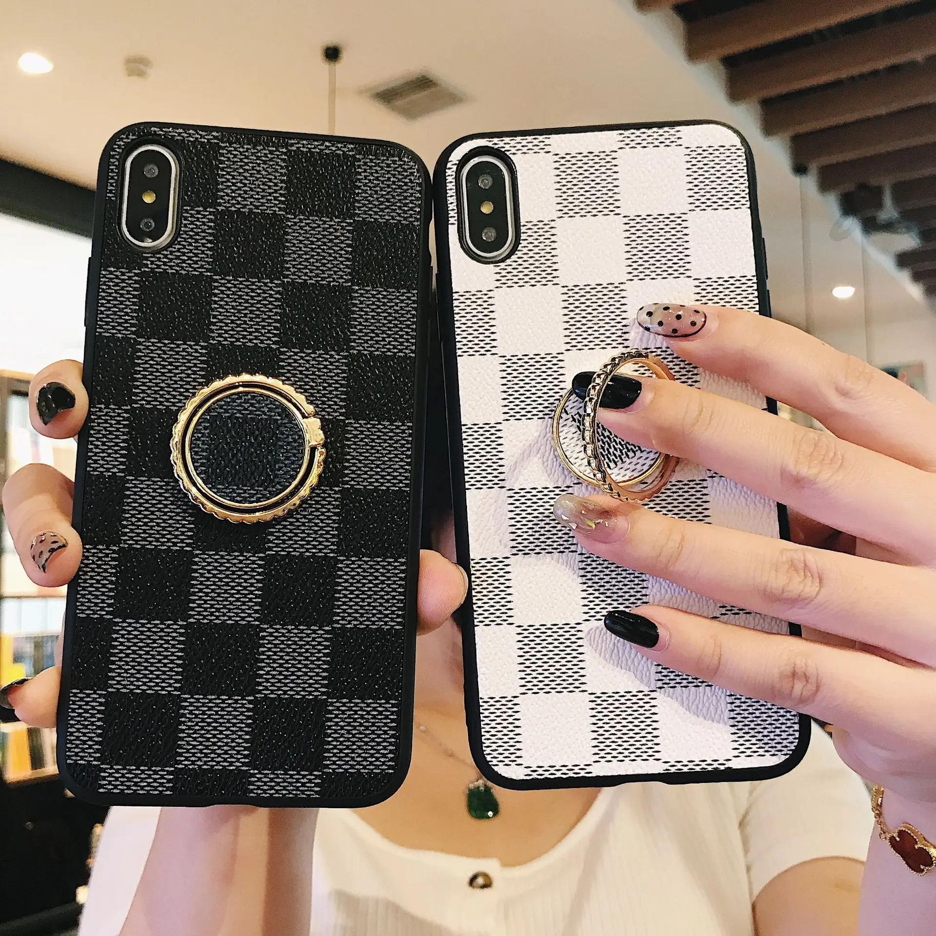 Fashion Leather square lattice ring bracket mobile phone shell for iphone XS MAX 7 8 Plus | Мобильные телефоны и