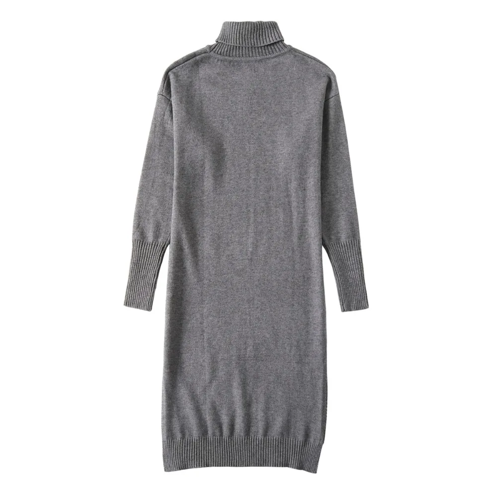 Spring New Turtleneck Women Knitted Dresses Ladies Long Pullovers Autumn Embroidery Gray Split Hem Thumb Hole Loose | Женская одежда