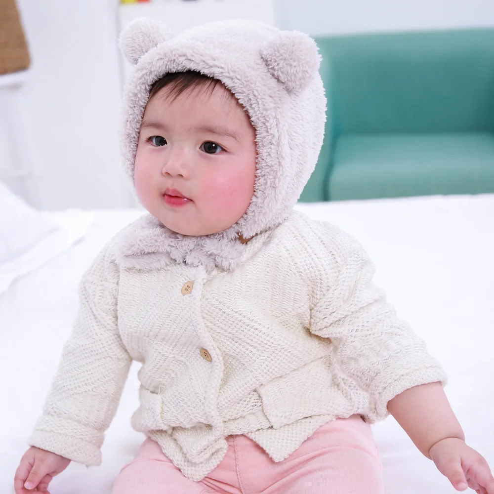 Милый медведь уши ребенка Шапки 6-36 месяцев младенческой Bebe осень-зима теплая шапка шапки флис для мальчиков и девочек капот ушанки