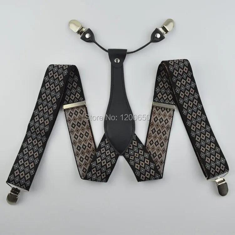 Мужские кожаные подтяжки с 4 зажимами регулируемые однотонные черные/серые/синие