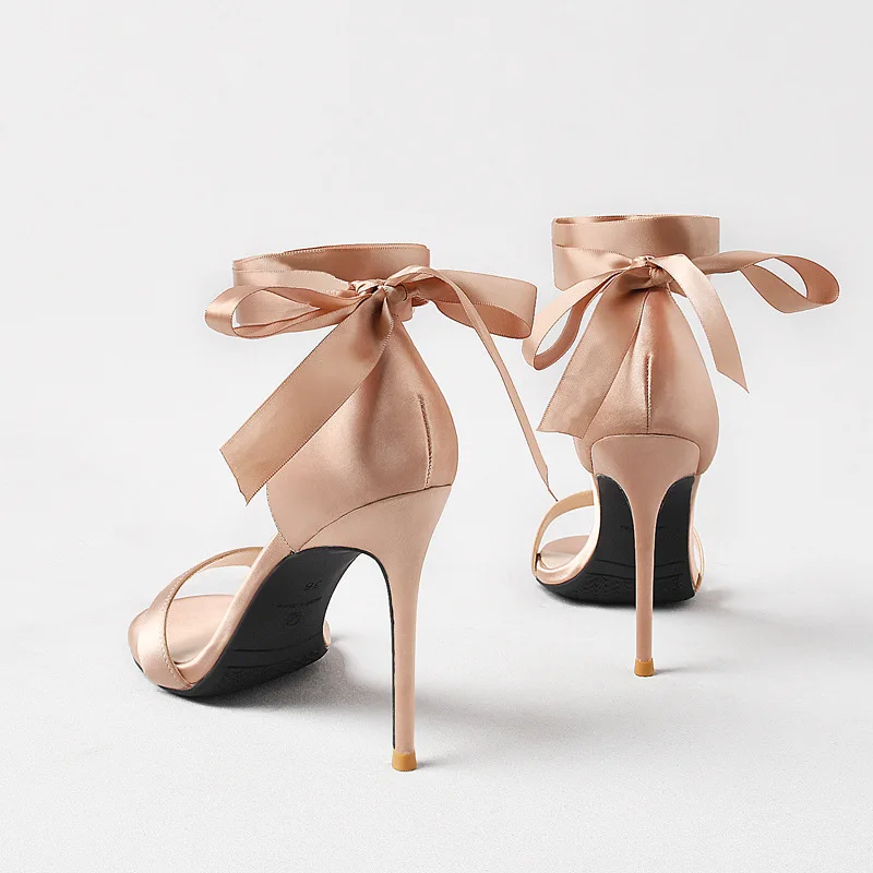 Босоножки женские на высоком каблуке 8 см 10 пикантные сандалии с шелковой лентой