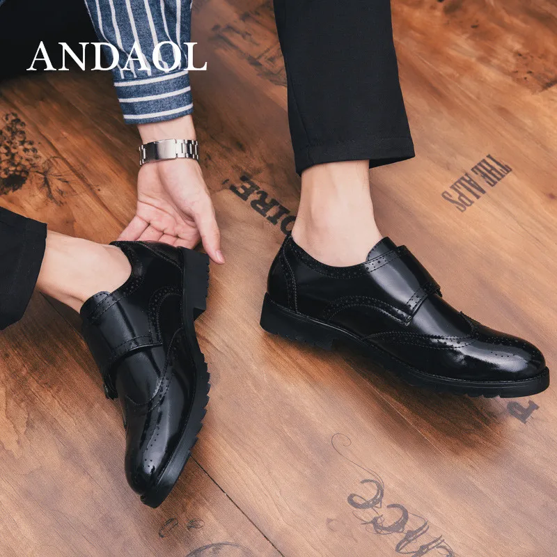 ANDAOL Men's Leather Casual Shoes New Double Belt Buckle Bright Breathable Oxfords Luxury Business Office Slip-On | Обувь