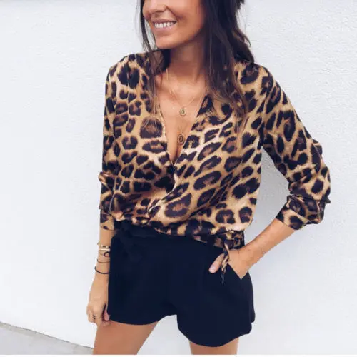 Women Clothes 2019 Leopard Print Autumn Top Long Sleeve V-Neck Cotton Casual Blouse Sexy Shirt Wholesale | Женская одежда