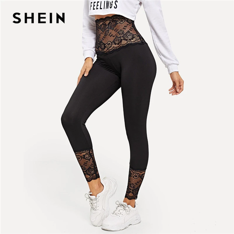 SHEIN Леггинсы С Кружевной Вставкой Высокой Талией И Фестончатым Краем Женские Сексуальные Леггинсы