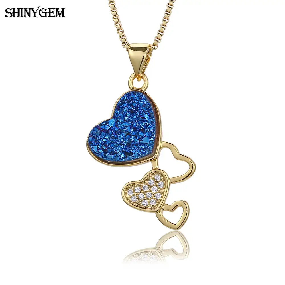 ShinyGem милый кулон Сердце ожерелье s золотое покрытие натуральный Друза камень
