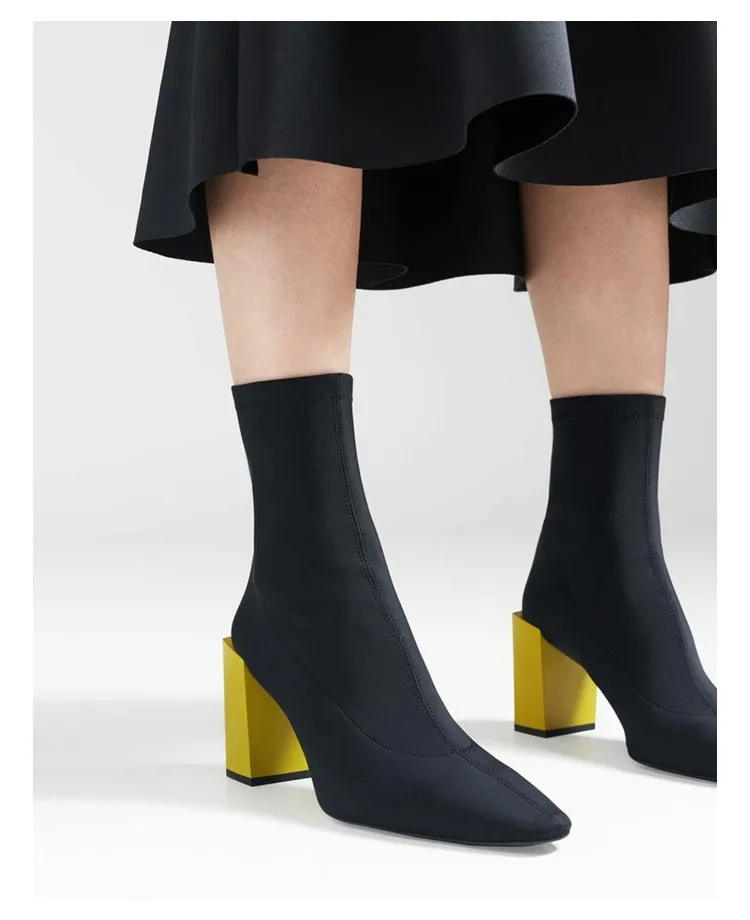 2019 г. Черный тянущийся носок сапоги женская обувь с квадратным носком желтый