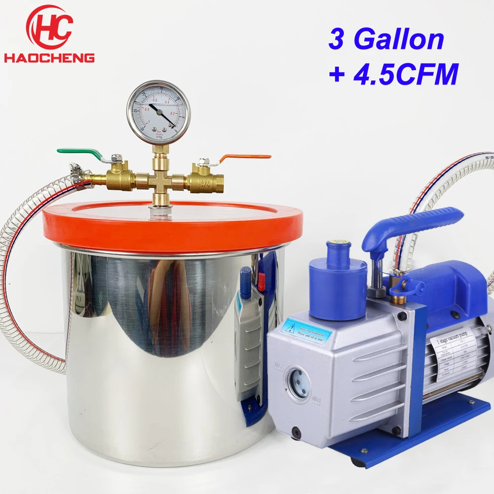 

Free Shipping 3.1 Gal (12L) Vacuum Chamber with 4.5CFM 220V Vacuum Pump,25cm*25cm Stainless Steel Degassing Chamber